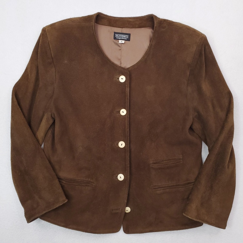 Vintage J Peterman Jacket Womens Small Brown Suede Leather Antler Bone Button